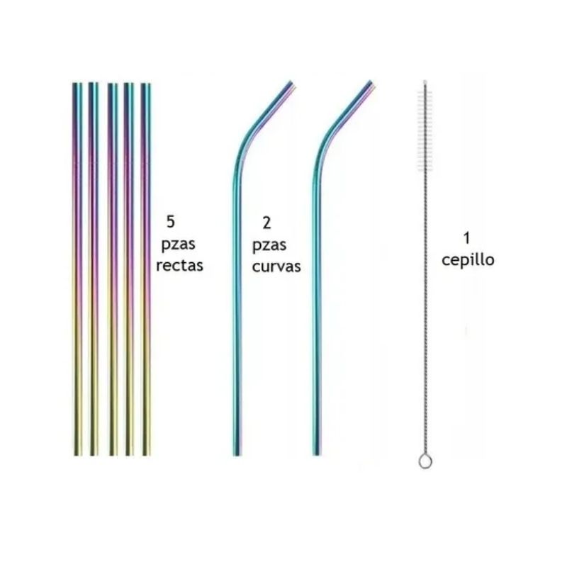 Set 7 Popotes Acero Inoxidable y 1 Cepillo de Limpieza, LBP, 8 pz, Ecológico -Tornasol