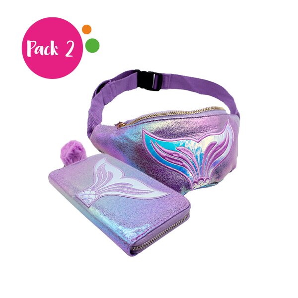 Cangurera + Cartera Kit Cola de Sirena Tornasol Brillante Lila 