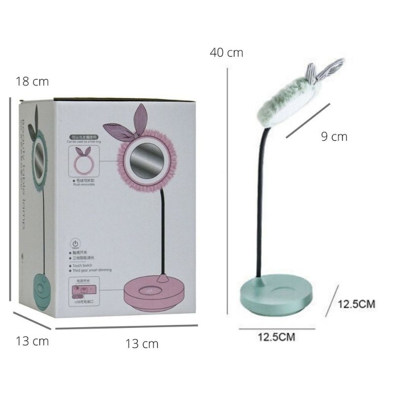 Espejo de Mesa para Maquillaje con Luz Led Regulable, LBP, Orejas Conejo, Circular, Cuello Flexible, Luz Blanca, 40cm (15.7in) -Verde