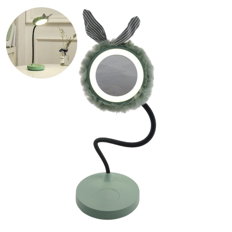 Espejo de Mesa para Maquillaje con Luz Led Regulable, LBP, Orejas Conejo, Circular, Cuello Flexible, Luz Blanca, 40cm (15.7in) -Verde