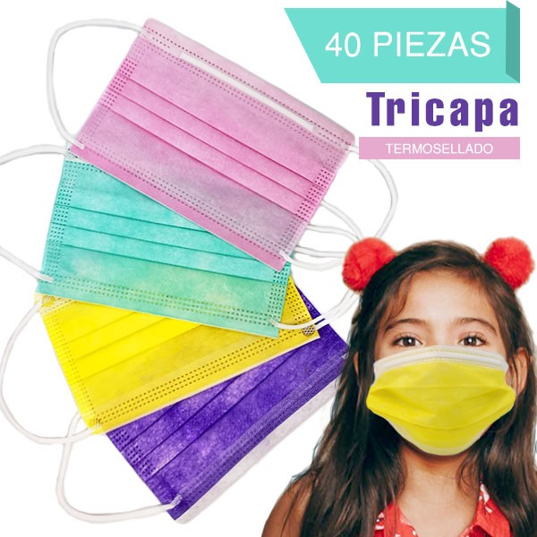 Cubrebocas para niños de colores 40 piezas Tricapa Termosellado Infantil plisado triple capa certificado Rosa, Azul, Amarillo y Morado. 