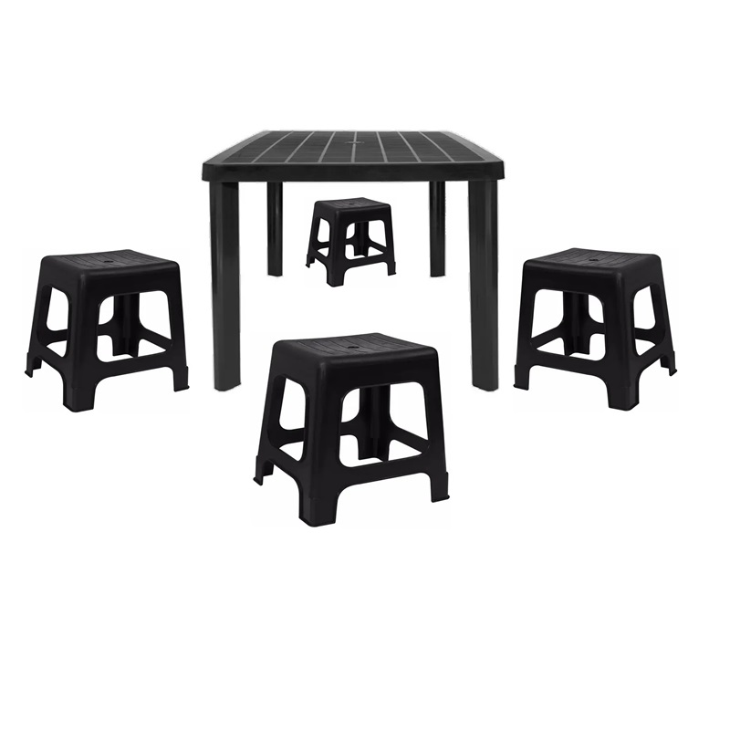 Mesa Cuadrada 80 x 80 x 80 Incluye 4 bancos Todo en Plastico Reforzado Color Negro