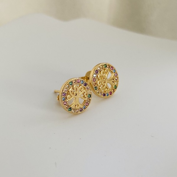 Aretes Arbol de la Vida-Baño de Oro 18K