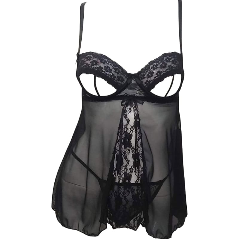 Babydoll Cupless Y Panty Set Negro De 2 Pz En Tela Mesh Y Encaje Lenceria Dama Mod 865