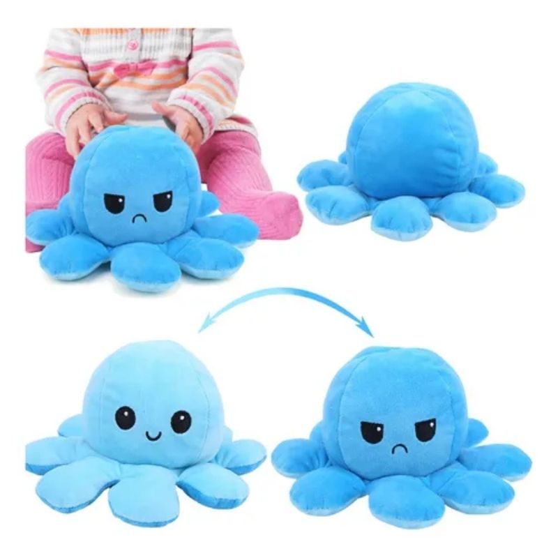 Peluche Pulpo Reversible Feliz Enojado, LBP, Ultra Suave, Doble Vista, 20cm(8in) -Azul Claro/Azul O