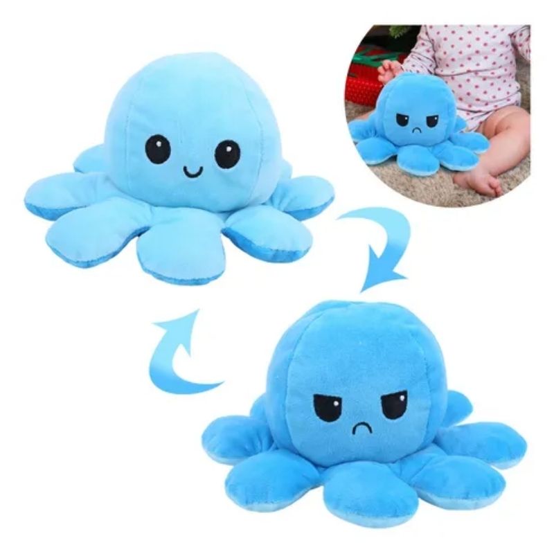 Peluche Pulpo Reversible Feliz Enojado, LBP, Ultra Suave, Doble Vista, 20cm(8in) -Azul Claro/Azul O