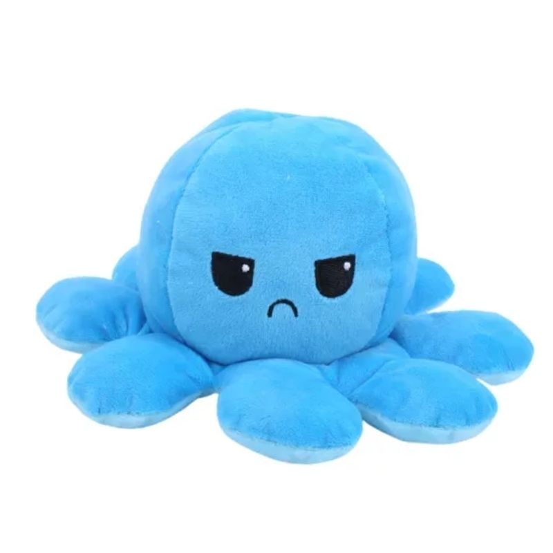 Peluche Pulpo Reversible Feliz Enojado, LBP, Ultra Suave, Doble Vista, 20cm(8in) -Azul Claro/Azul O