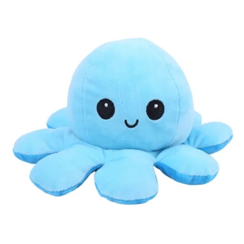 Peluche Pulpo Reversible Feliz Enojado, LBP, Ultra Suave, Doble Vista, 20cm(8in) -Azul Claro/Azul O