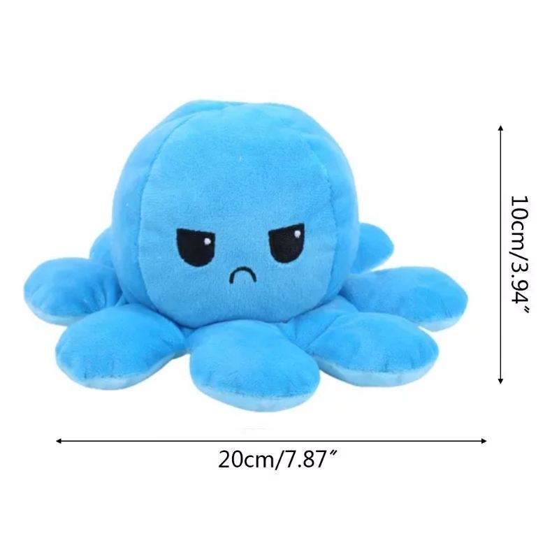 Peluche Pulpo Reversible Feliz Enojado, LBP, Ultra Suave, Doble Vista, 20cm(8in) -Azul Claro/Azul O