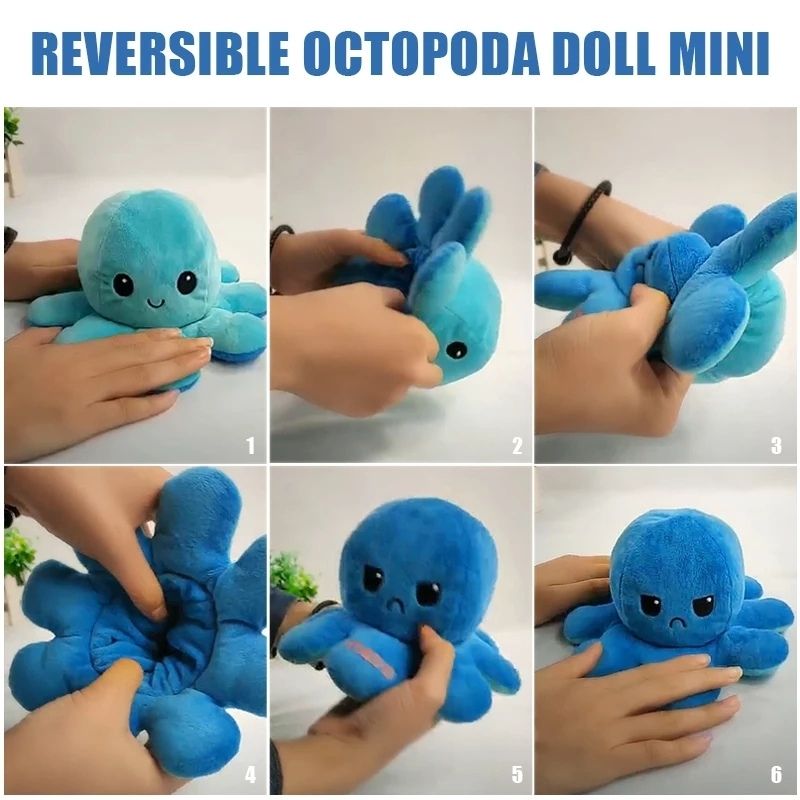 Peluche Pulpo Reversible Feliz Enojado, LBP, Ultra Suave, Doble Vista, 20cm(8in) -Azul Claro/Azul O