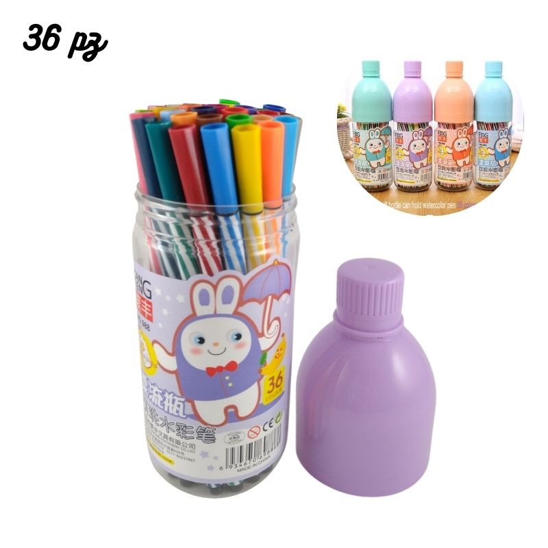 Set 36 pz Plumones Marcadores Punta Fina en Estuche Botella, LBP, Colores