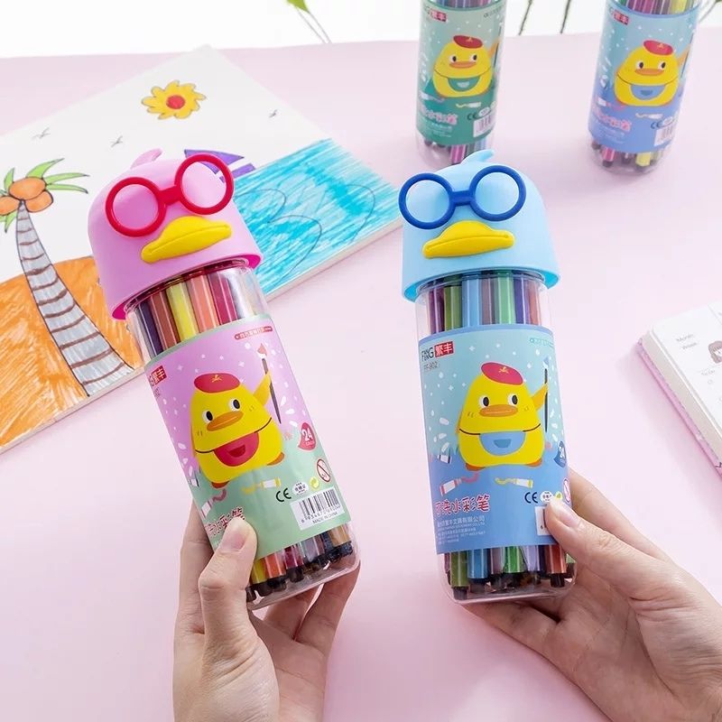 Set 12 pz Plumones Marcadores Punta Fina en Estuche Pato con Lentes, LBP, Colores -Rosa