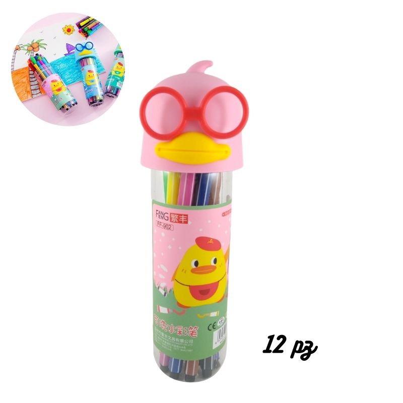 Set 12 pz Plumones Marcadores Punta Fina en Estuche Pato con Lentes, LBP, Colores -Rosa