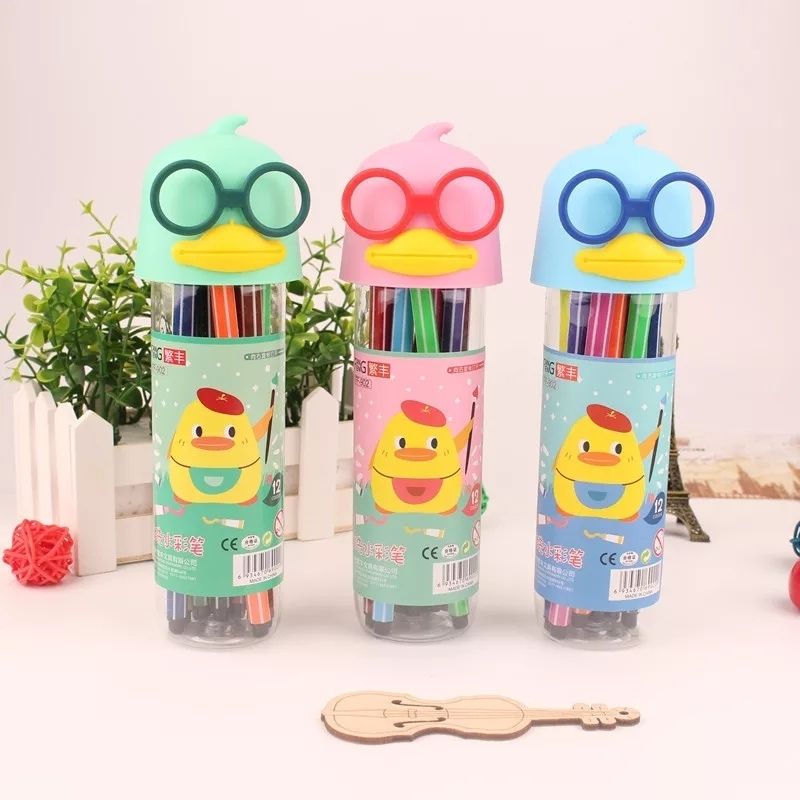 Set 12 pz Plumones Marcadores Punta Fina en Estuche Pato con Lentes, LBP, Colores -Rosa