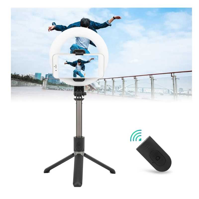 Bastón Selfie con triple aro de luz Gadgets & fun con control bluetooth desmontable Selfie Stick con iluminación