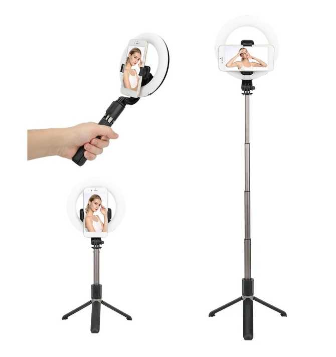 Bastón Selfie con triple aro de luz Gadgets & fun con control bluetooth desmontable Selfie Stick con iluminación