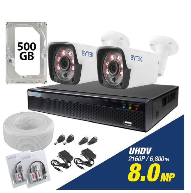 Bytek Kit de 2 camaras de 8.0mp UHDV 2160p + disco duro 500GB y cable utp