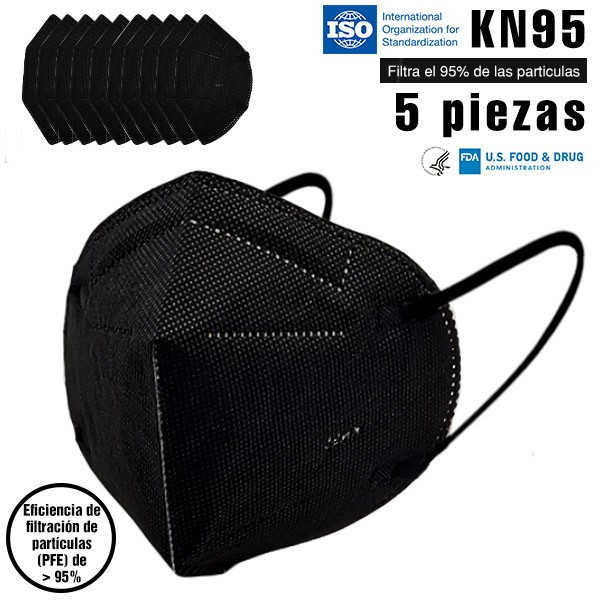5 piezas Cubrebocas KN95 Certificado FDA ISO CE negro con 5 capas  Empaque individual color negro máxima protección FFP2 