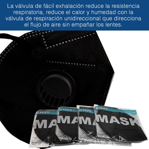 10 piezas Cubrebocas KN95 Color Negro Con 5 Capas De Protección En Paquete Individual Con Válvula