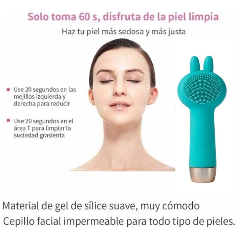 Cepillo Limpiador Facial Eléctrico Conejo, LBP, Esponja Vibrador, Exfoliación Suave, 15cm -Azul
