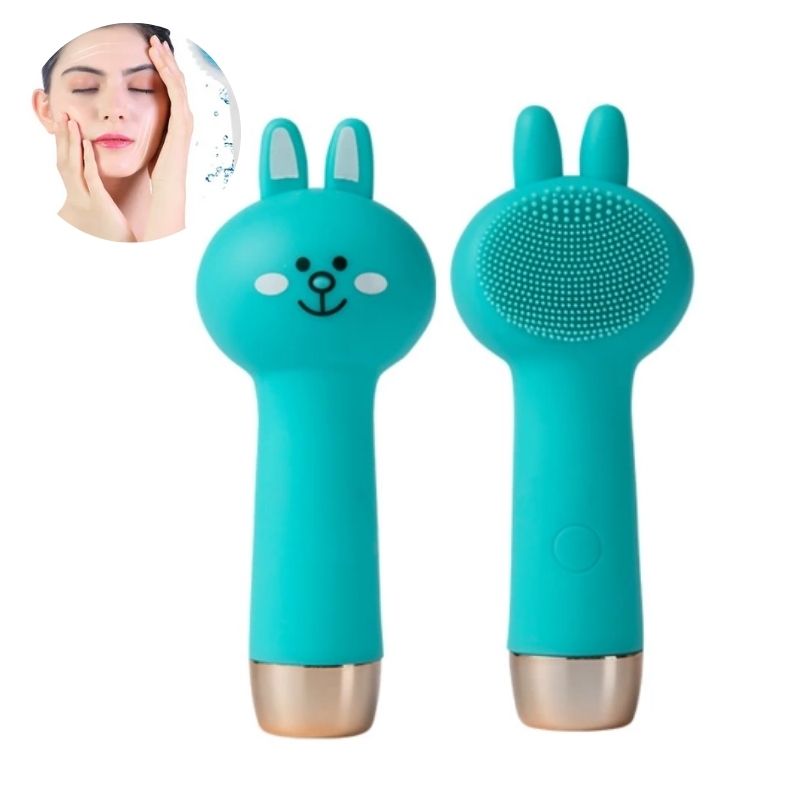 Cepillo Limpiador Facial Eléctrico Conejo, LBP, Esponja Vibrador, Exfoliación Suave, 15cm -Azul