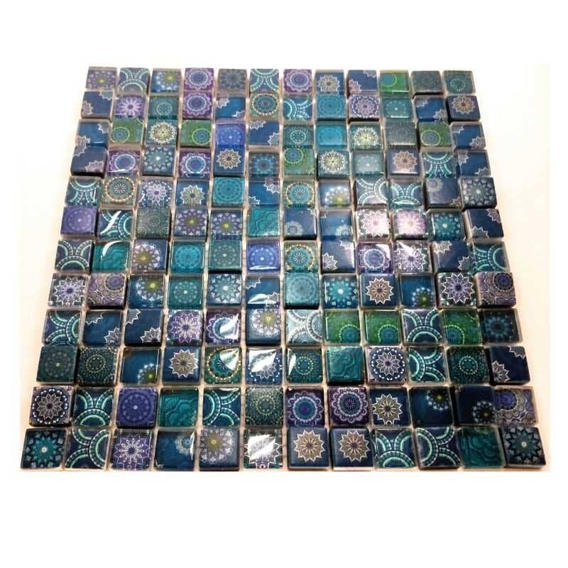 Malla o Mosaico Decorativo de vidrio ACA, medida 30 x 30 cms. (base por altura). Diseño en tonos azules. Caja de 5 piezas.