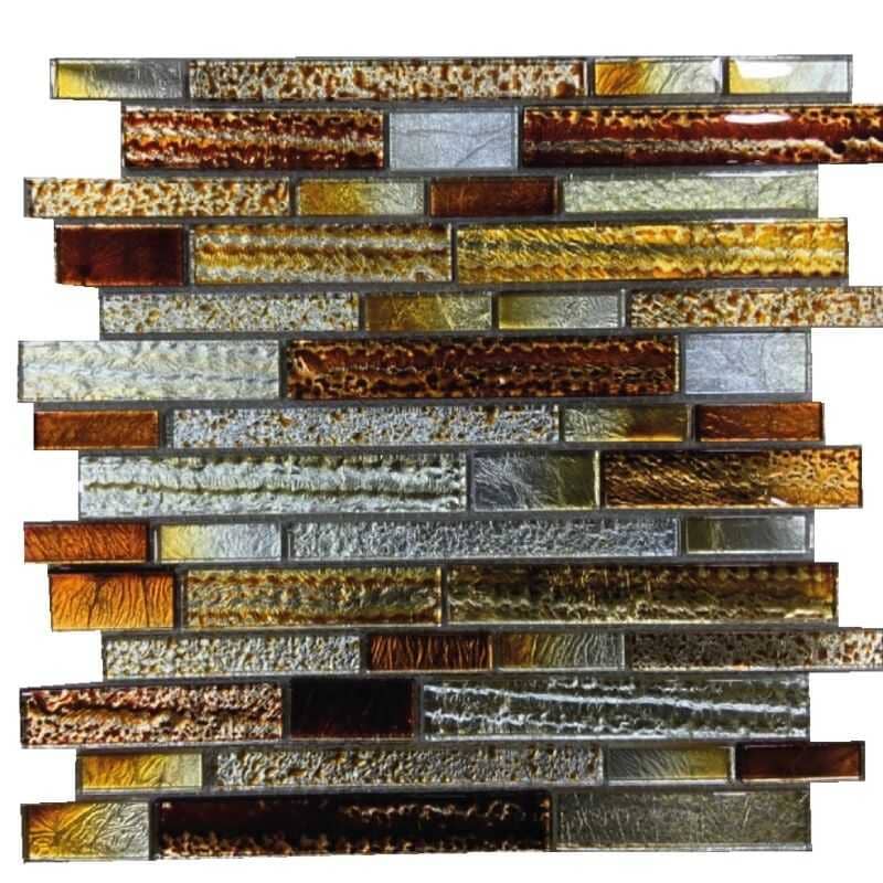Malla o Mosaico Decorativo de vidrio LUX, medida 30 x 30 cms. (base por altura). Diseño en tonalidades de cafés y dorado. Caja de 5 piezas.