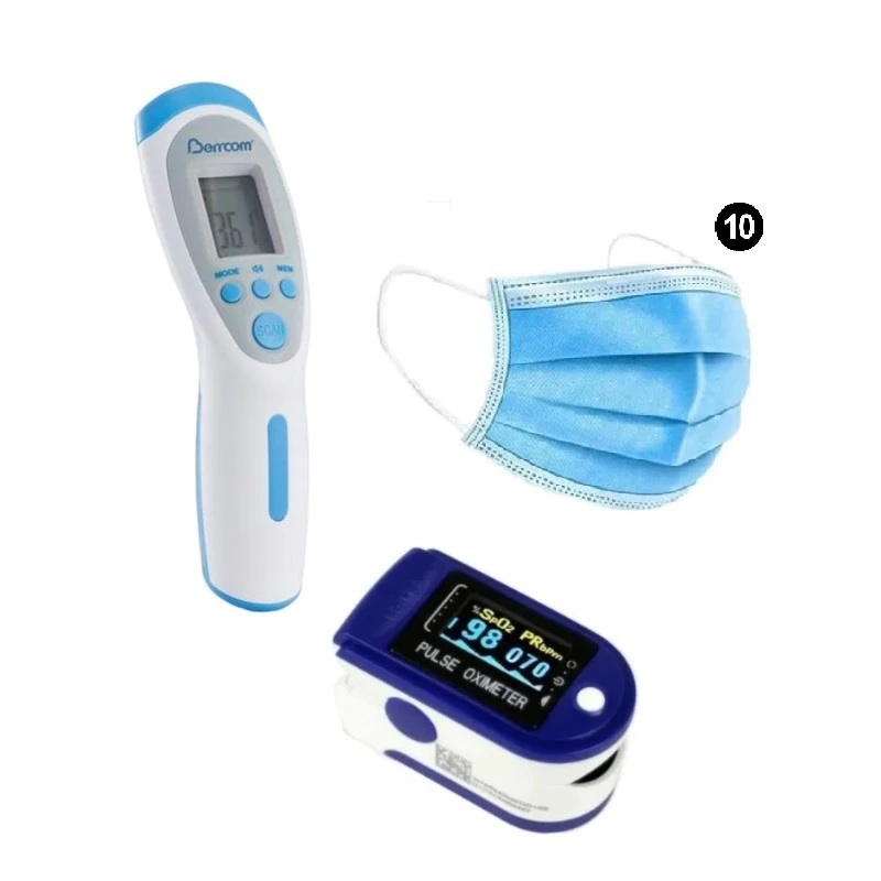 Paquete Termómetro Infrarrojo + Oxímetro + 10 Cubre bocas 