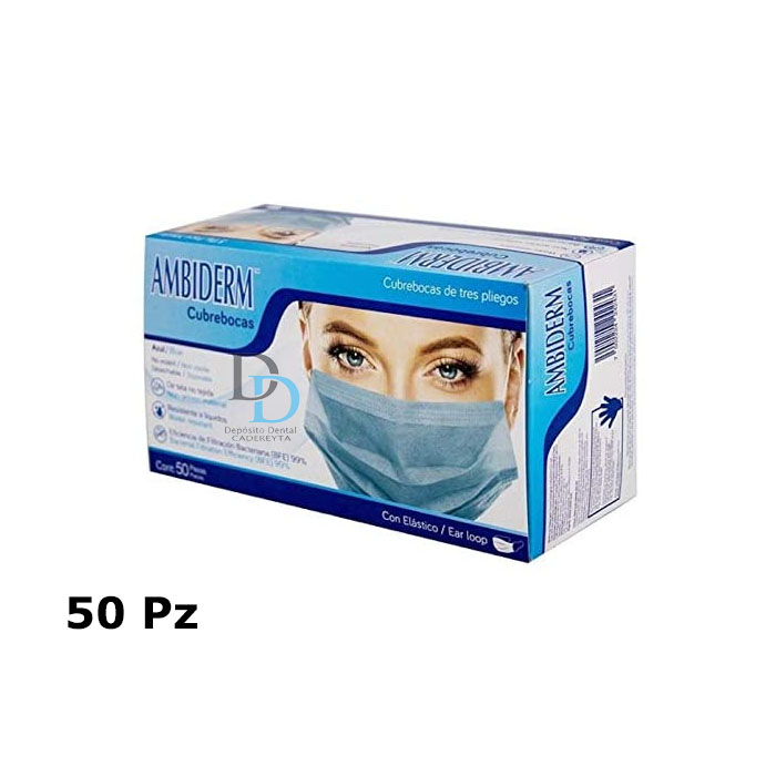  Cubrebocas AMBIDERM de 3 Capas de Alta Filtración Azul 50pzas