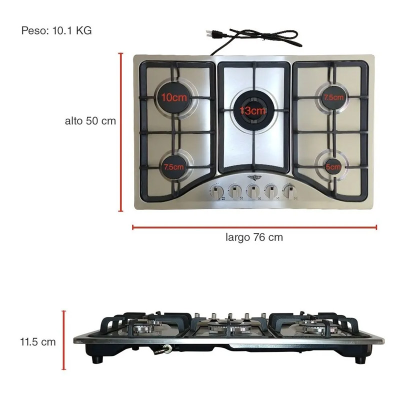 Parrilla de Gas 5 Quemadores Acero Inoxidable Empotrable Gutstark