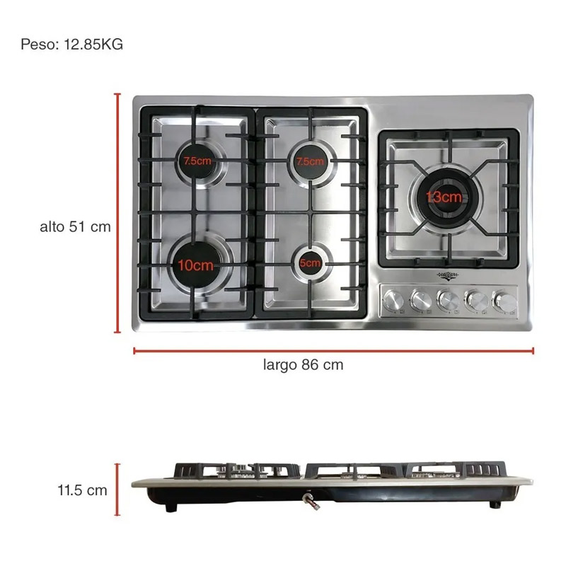 Parrilla de Gas 5 Quemadores Acero Inoxidable Empotrable Gutstark
