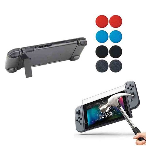 Nintendo Switch Funda Acrílico Compatible + Mica + Grips (Negro)