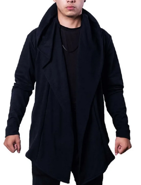 Suéter Largo Cardigan con Capucha, Manga Larga, Hoodie Negro, Hombre.