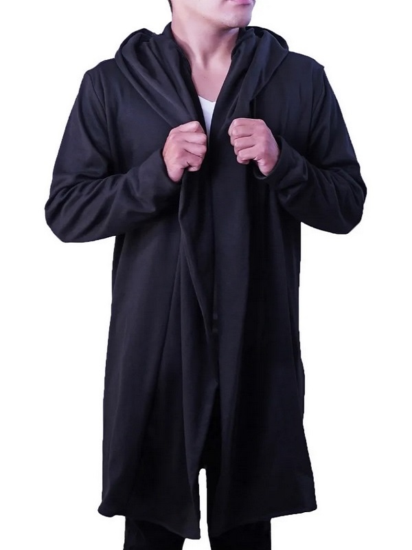 Suéter Largo Hombre, Circular, Hoodie Manga Larga Cardigan con Capucha, Negro, Hombre. 
