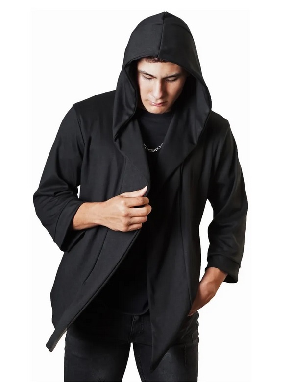 Kimono con Capucha Manga 3/4,Suéter Largo, Cardigan, Sudadera Negro, Hoodie Hombre.