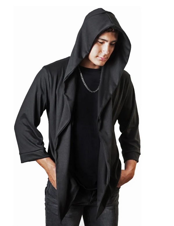 Kimono con Capucha Manga 3/4,Suéter Largo, Cardigan, Sudadera Negro, Hoodie Hombre.
