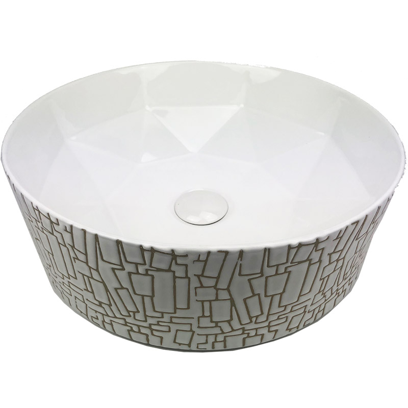 Lavabo Cerámico para Baño SUM, forma circular en color blanco con texturas en relieve color dorado. De sobreponer, con diseño europeo ideal para todo tipo de baños. Dimensiones 40.0 x 40.0 x 14.5 cms. (base x altura x profundidad)