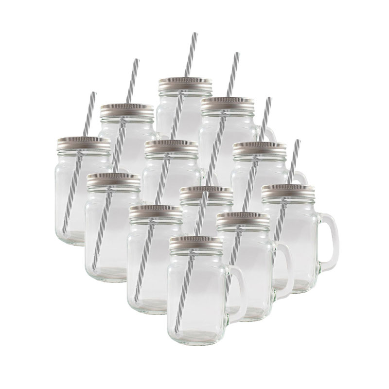 12 Frascos Mason Jars Liso con Tapa Plata y Popote