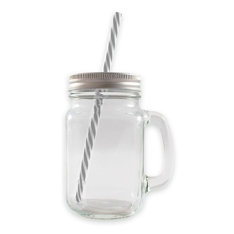 12 Frascos Mason Jars Liso con Tapa Plata y Popote
