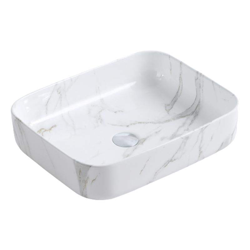 Lavabo Cerámico para Baño TIM, forma rectangular acabado blanco marmoleado. De sobreponer, con diseño europeo ideal para todo tipo de baños. Dimensiones 50.0 x 39.0 x 13.0 cms. (base x altura x profundidad)
