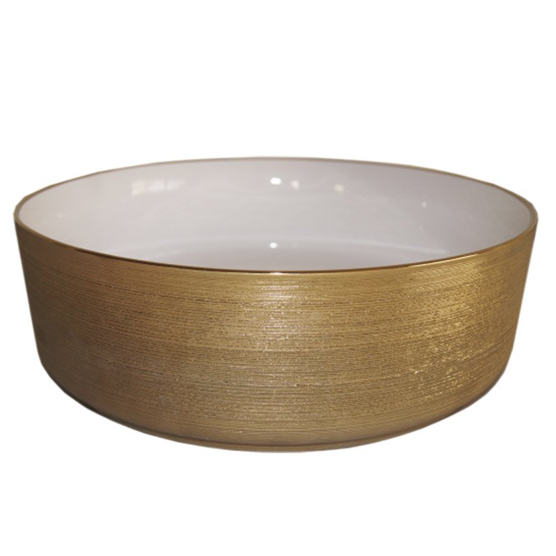 Lavabo Cerámico para Baño SAA, forma circular en color dorado con detalles en relieve metalizados. De sobreponer, con diseño europeo ideal para todo tipo de baños. Dimensiones 36.0 x 36.0 x 12.5 cms. (base x altura x profundidad)