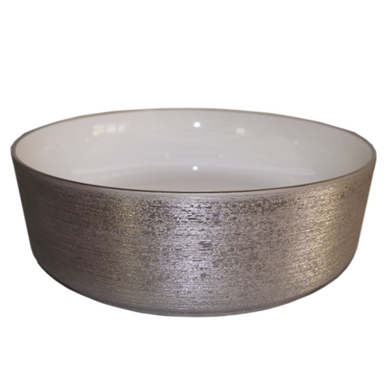 Lavabo Cerámico para Baño JAA, forma circular en color plata con detalles en relieve metalizados. De sobreponer, con diseño europeo ideal para todo tipo de baños. Dimensiones 36.0 x 36.0 x 12.5 cms. (base x altura x profundidad)