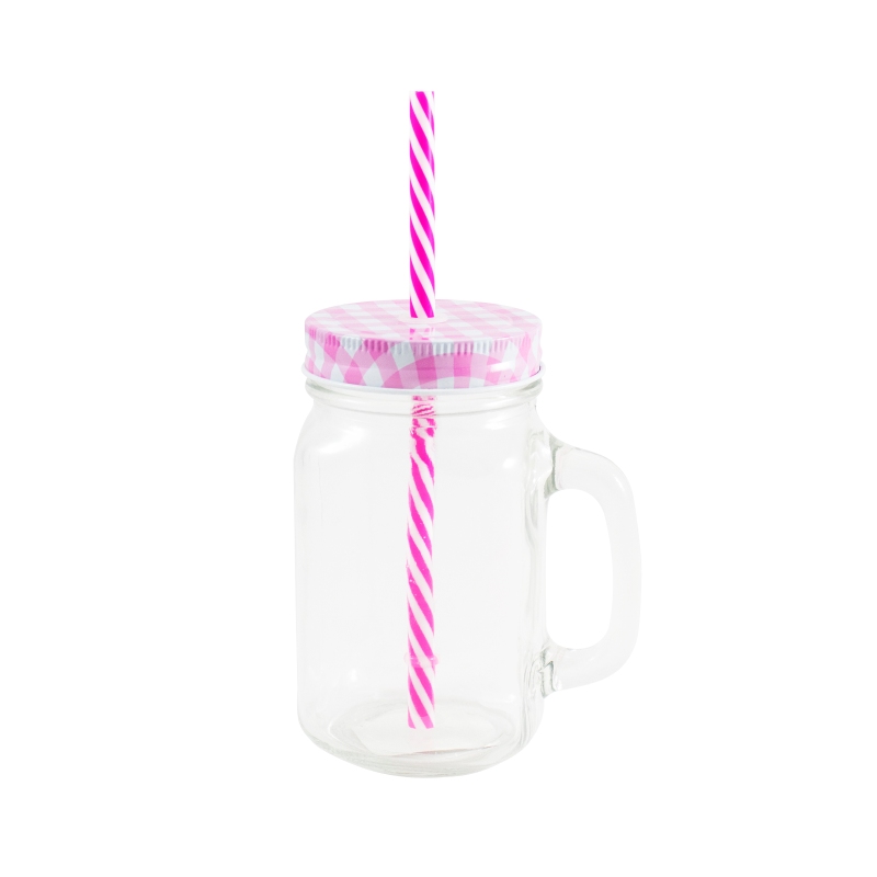 Frasco Mason Jars Liso con Tapa Mantel y Popote Rosa