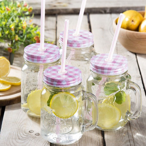 Frasco Mason Jars Liso con Tapa Mantel y Popote Rosa