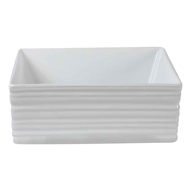 Lavabo Cerámico para Baño BER forma cuadrada en color blanco brillante, acabado con líneas horizontales. De sobreponer, con diseño europeo ideal para todo tipo de baños. Dimensiones 38.0 x 38.0 x 13.5 cms. (base x altura x profundidad)