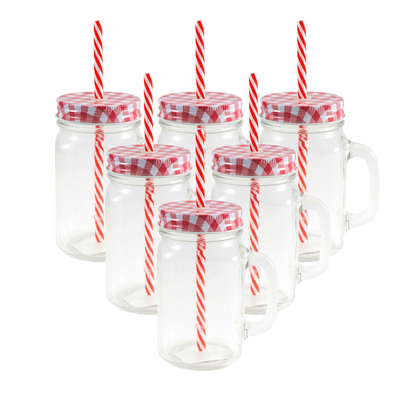 6 Frascos Mason Jars Liso con Tapa Mantel y Popote Rojo