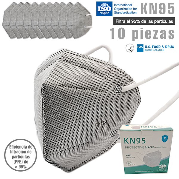 10 piezas Cubrebocas KN95 Certificado FDA ISO CE color gris con 5 capas  Empaque individual máxima protección FFP2 
