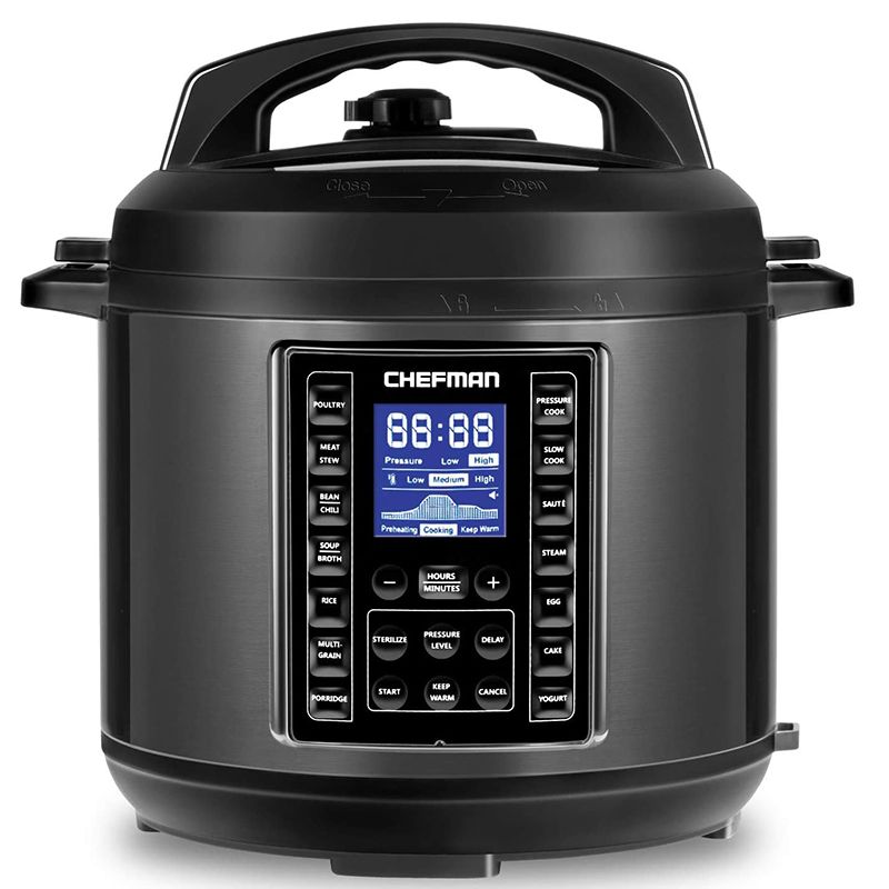 Chefman, RJ40-6-D-BLACK, Olla de Presión Programable Eléctrica Multifuncional 6 Qt, Reemplaza 9 Electrodomésticos, 14 Funciones Inteligentes de Cocción, 70% más Rápida, 120V Potencia, Negro