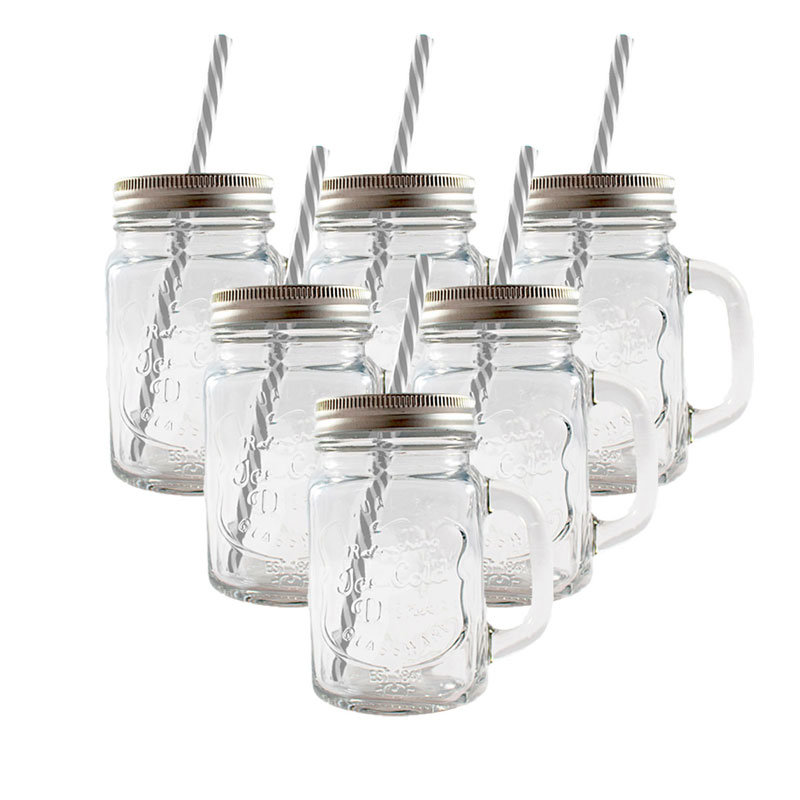 6pz Frascos Mason Jars Ice Cold Drink Labrado Tapa Plata