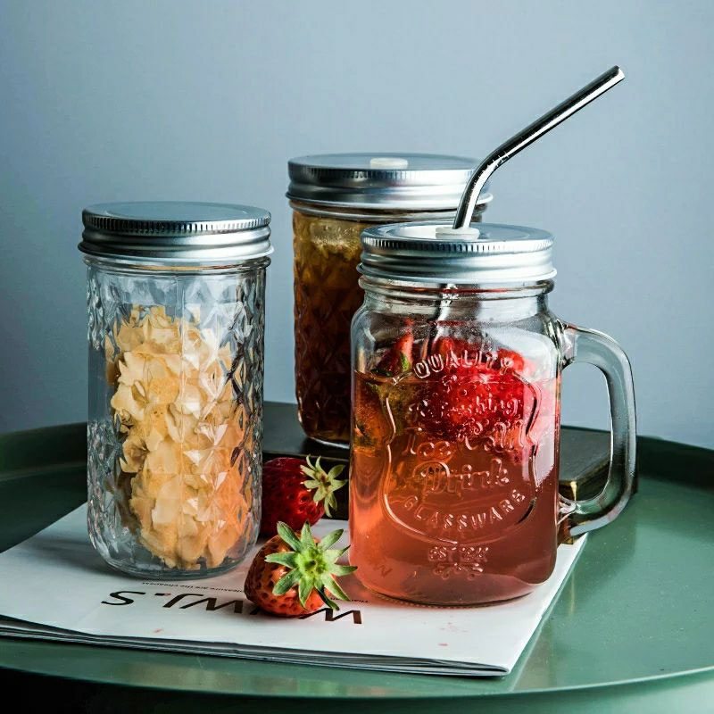 6pz Frascos Mason Jars Ice Cold Drink Labrado Tapa Plata